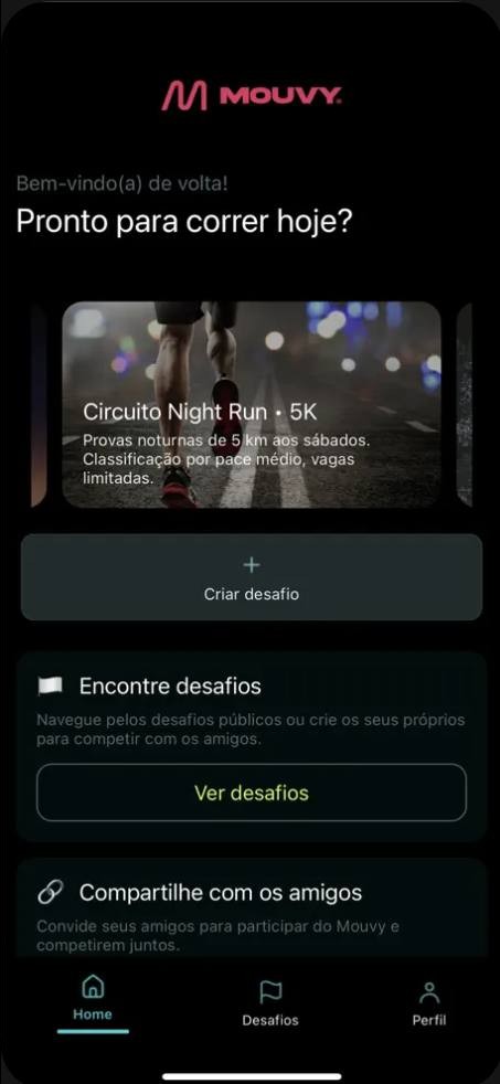 Tela real do app: bem-vindo de volta, pronto para correr hoje, com o desafio Circuito Night Run 5K