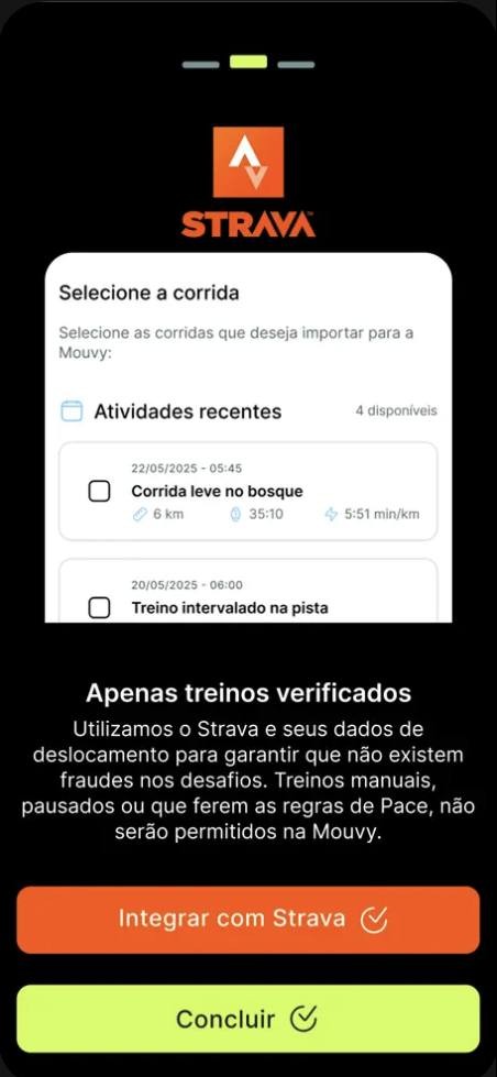 Tela real do app: integração com o Strava, apenas treinos verificados